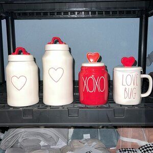 4 Rae Dunn Artisan Collection White Red Canister Mug Set Hearts XOXO Love Bug
